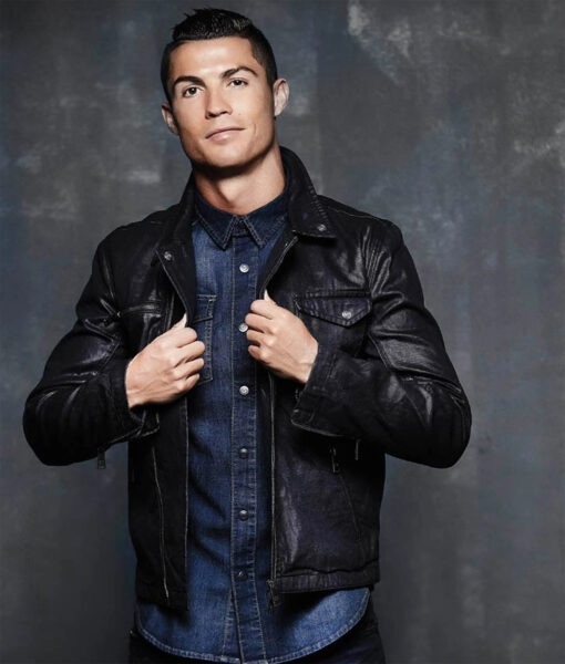 Football Player Cristiano Ronaldo Black Leather Jacket