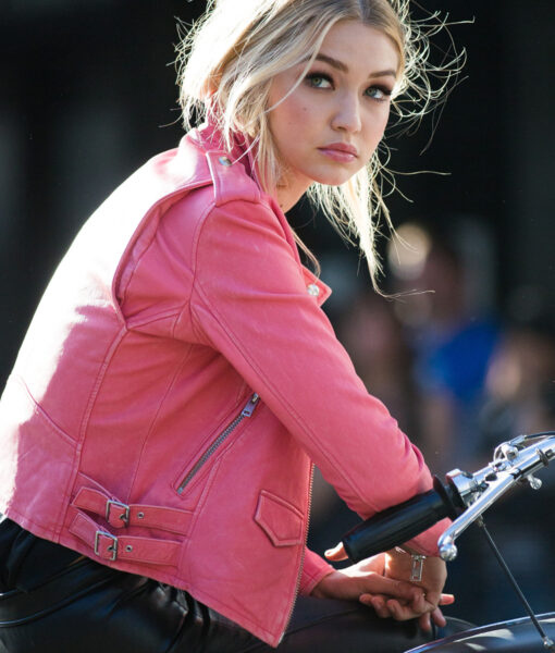 Gigi Hadid Motorbike Style Pink Leather Jacket2