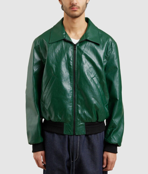 Grasse 70s Style Vintage Leather Green Bomber Jacket