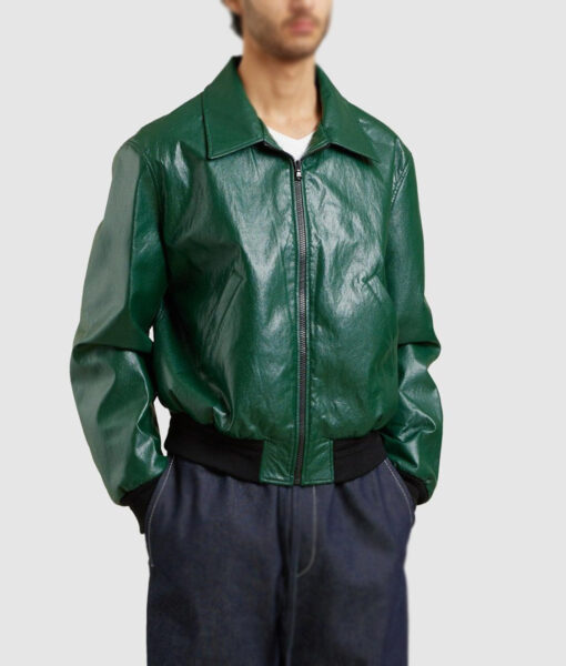 Grasse 70s Style Leather Green Bomber Jacket