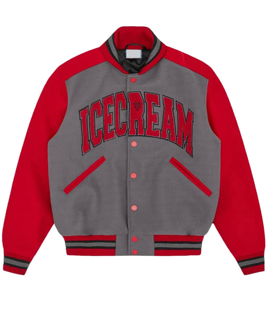 ICECREAM Gray and Red Varsity Jacket (4)