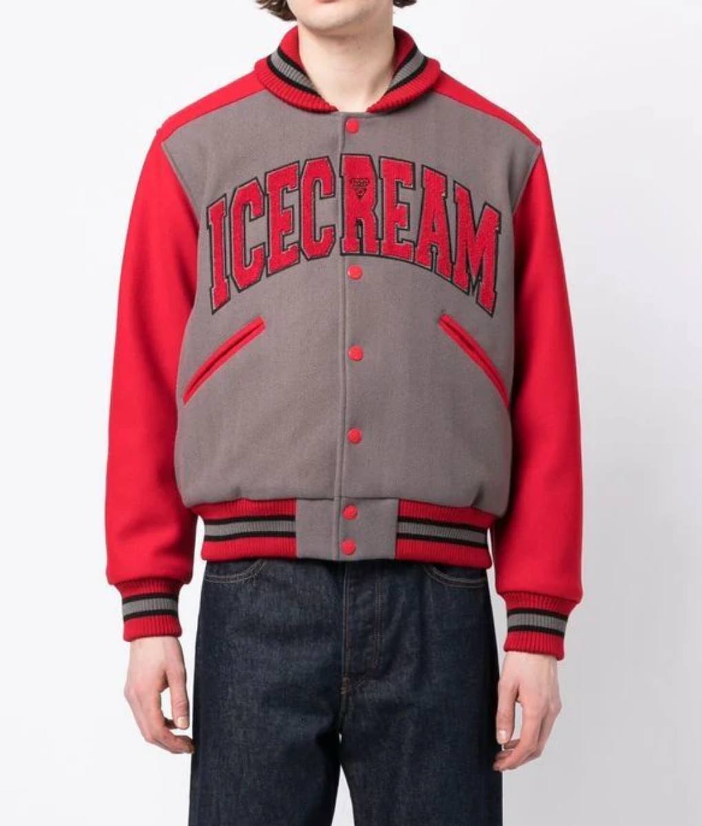 ICECREAM Gray and Red Varsity Jacket (6)