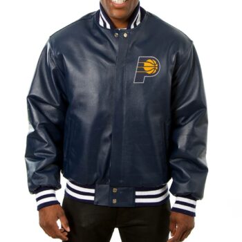 Indiana Pacers Varsity Letterman Navy Blue Leather Jacket