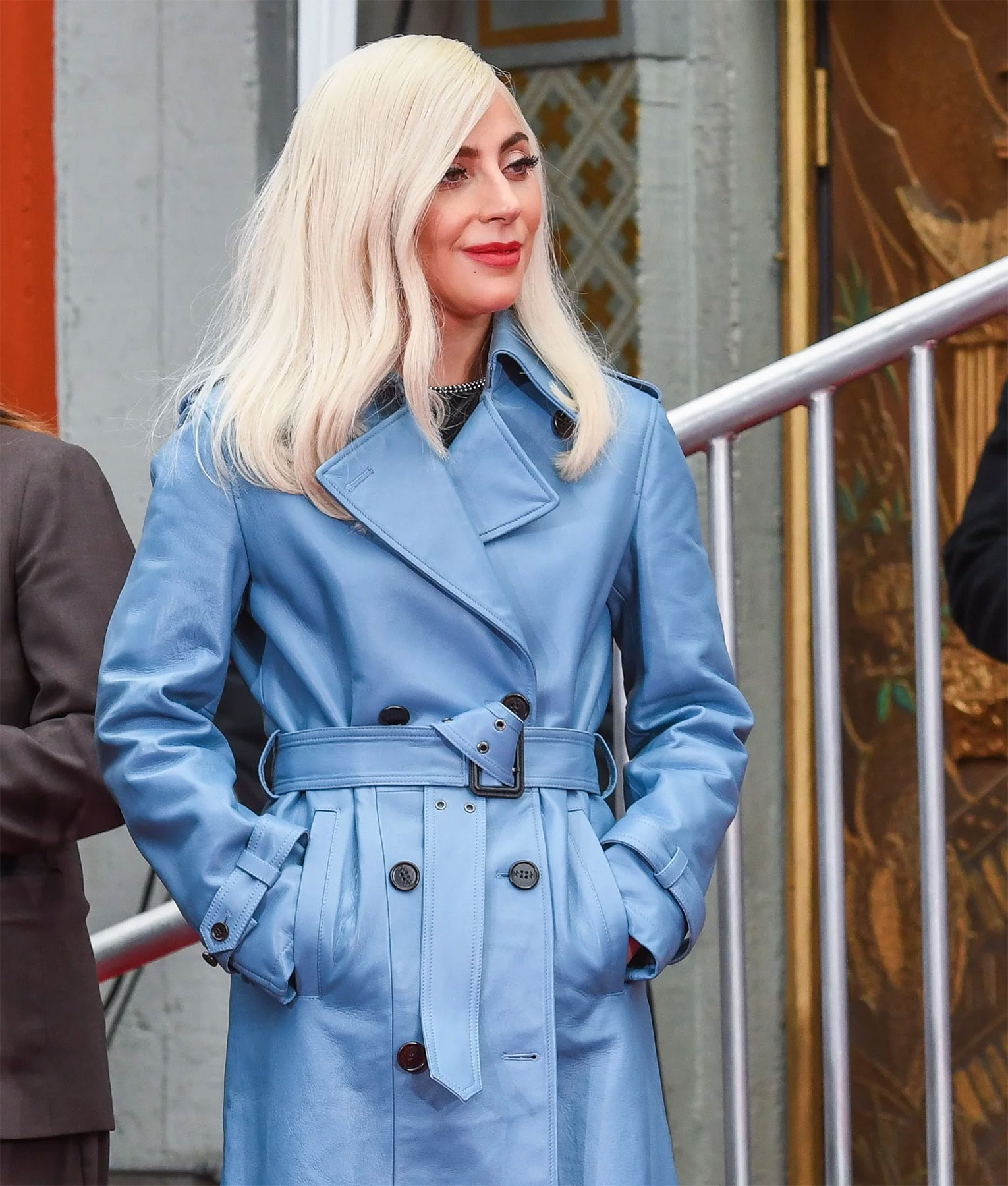 Lady Gaga Blue Leather Trench Coat 3