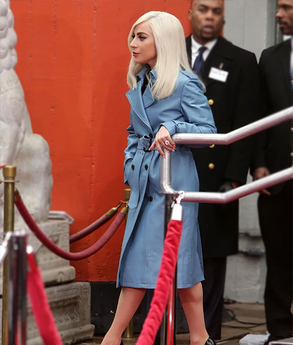 Lady Gaga Blue Leather Trench Coat 5