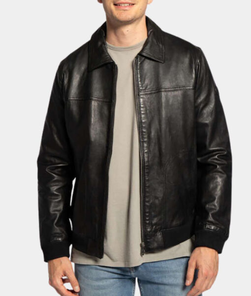 Black Leather Bomber Jacket for Mens