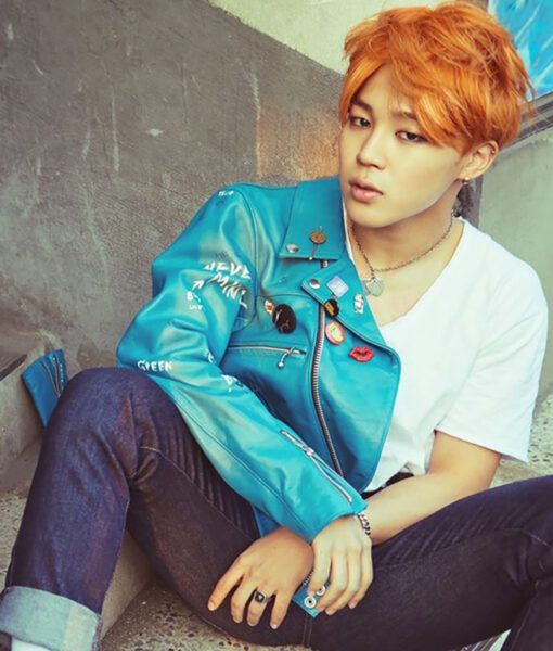 K Pop BTS Star Park Jimin Blue Leather Jacket2