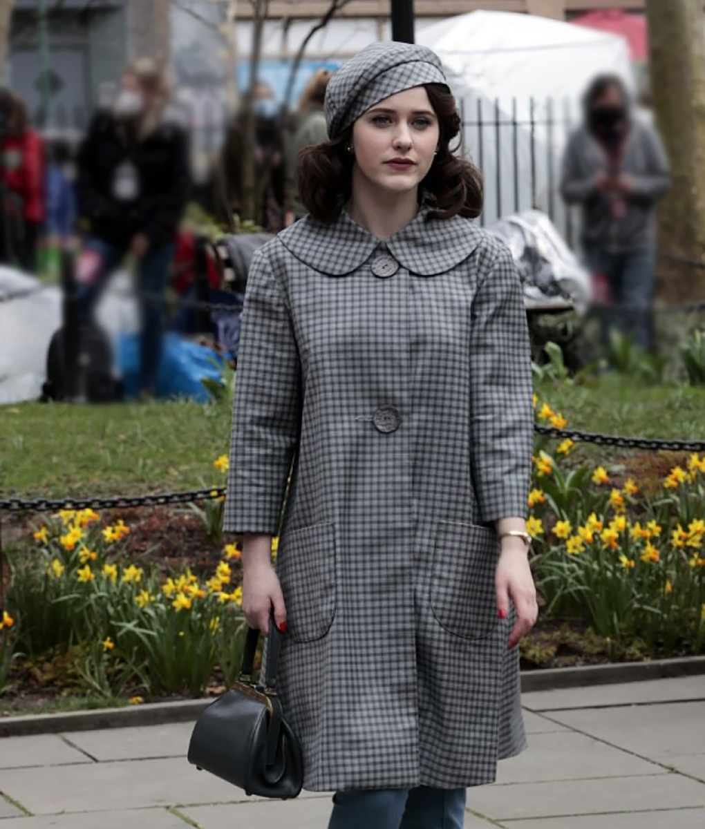 Rachel Brosnahan Grey Plaid Checked Coat (3)