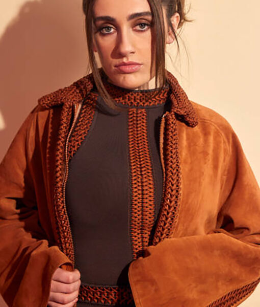 Burning Questions with Bottoms Rachel Sennott Leather Brown Coat