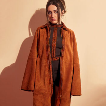Burning Questions with Bottoms Rachel Sennott Suede Leather Brown Coat