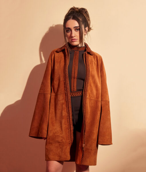 Burning Questions with Bottoms Rachel Sennott Suede Leather Brown Coat