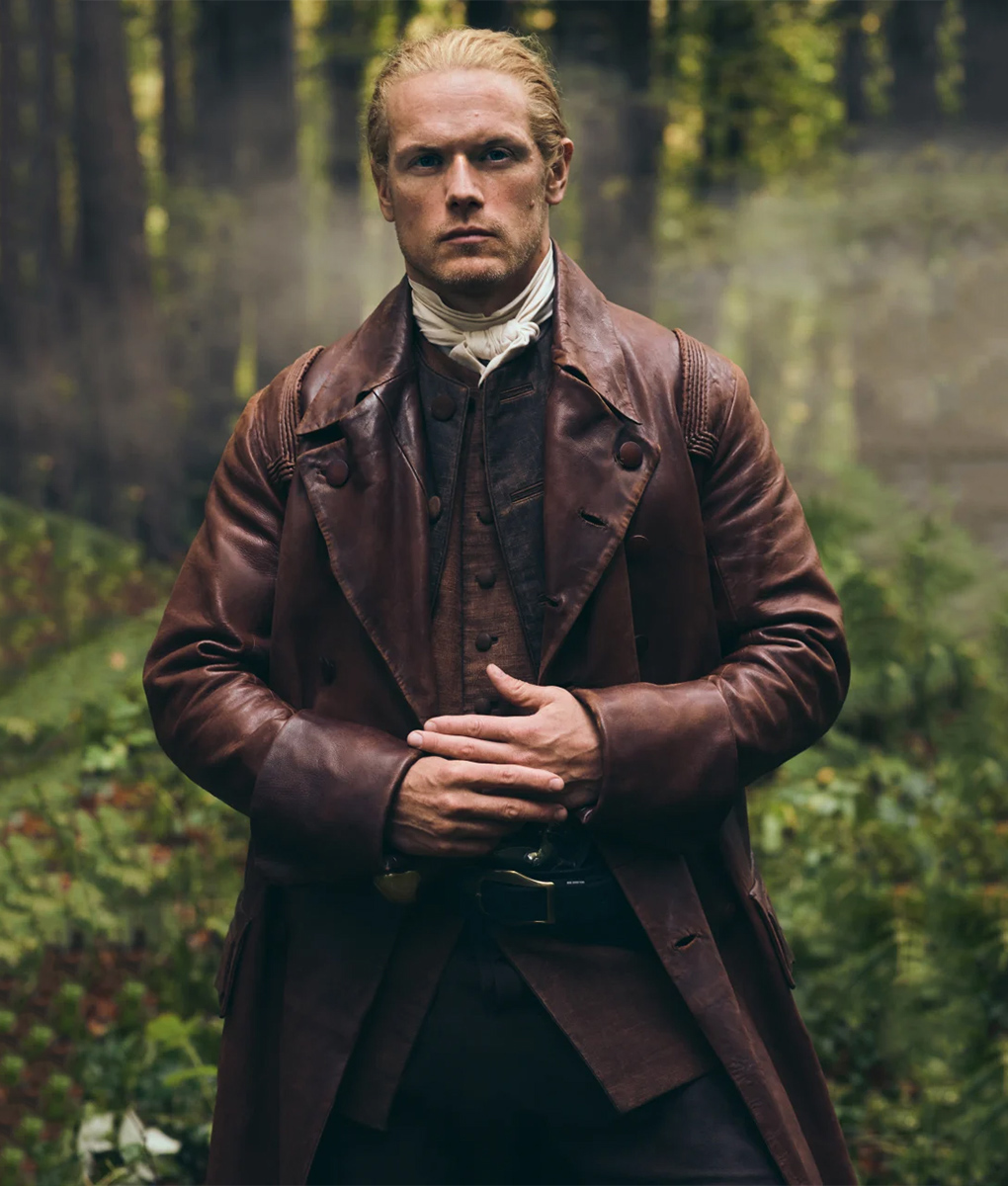 Sam Heughan Brown Leather Trench Coat 1