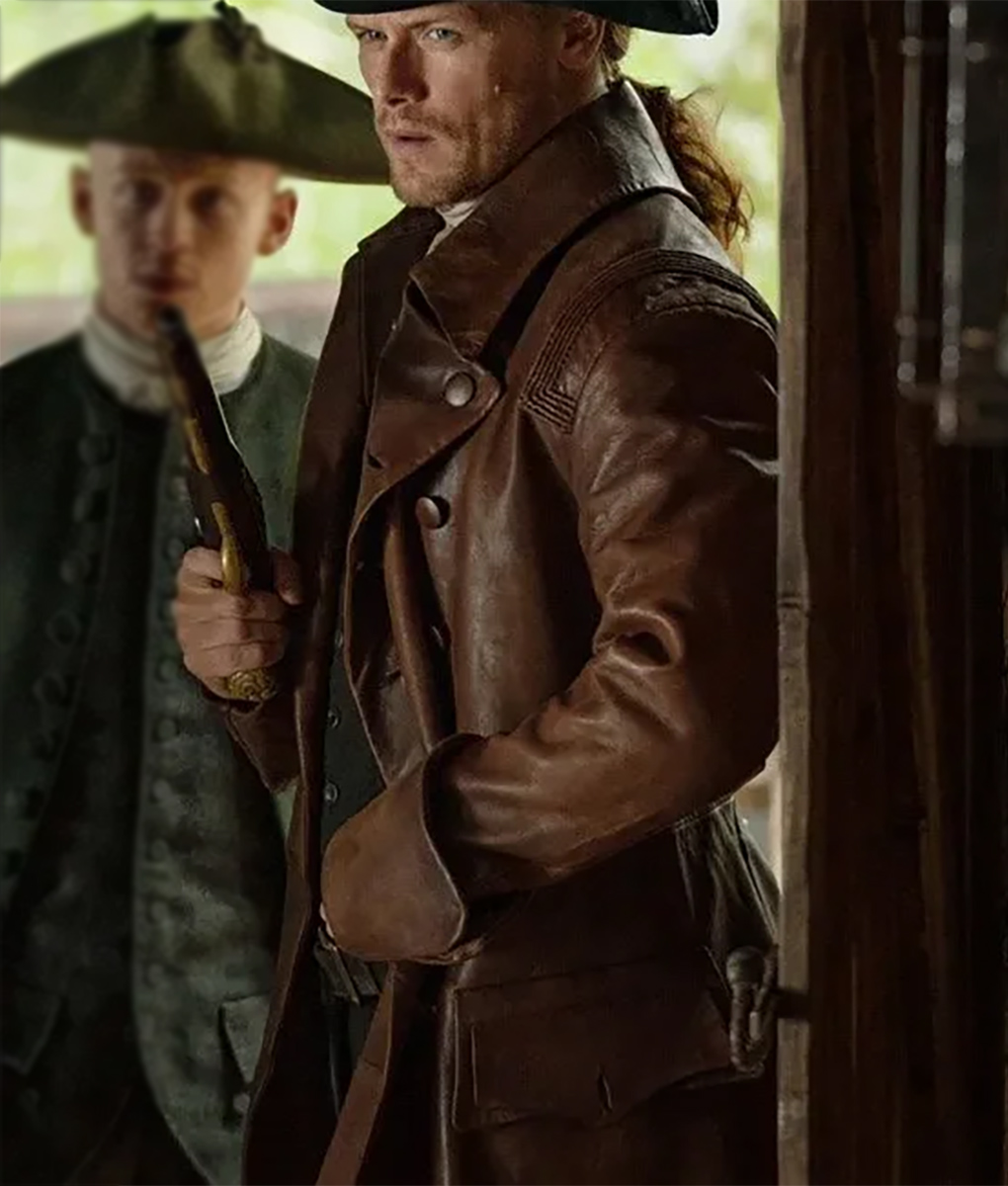 Sam Heughan Brown Leather Trench Coat 10
