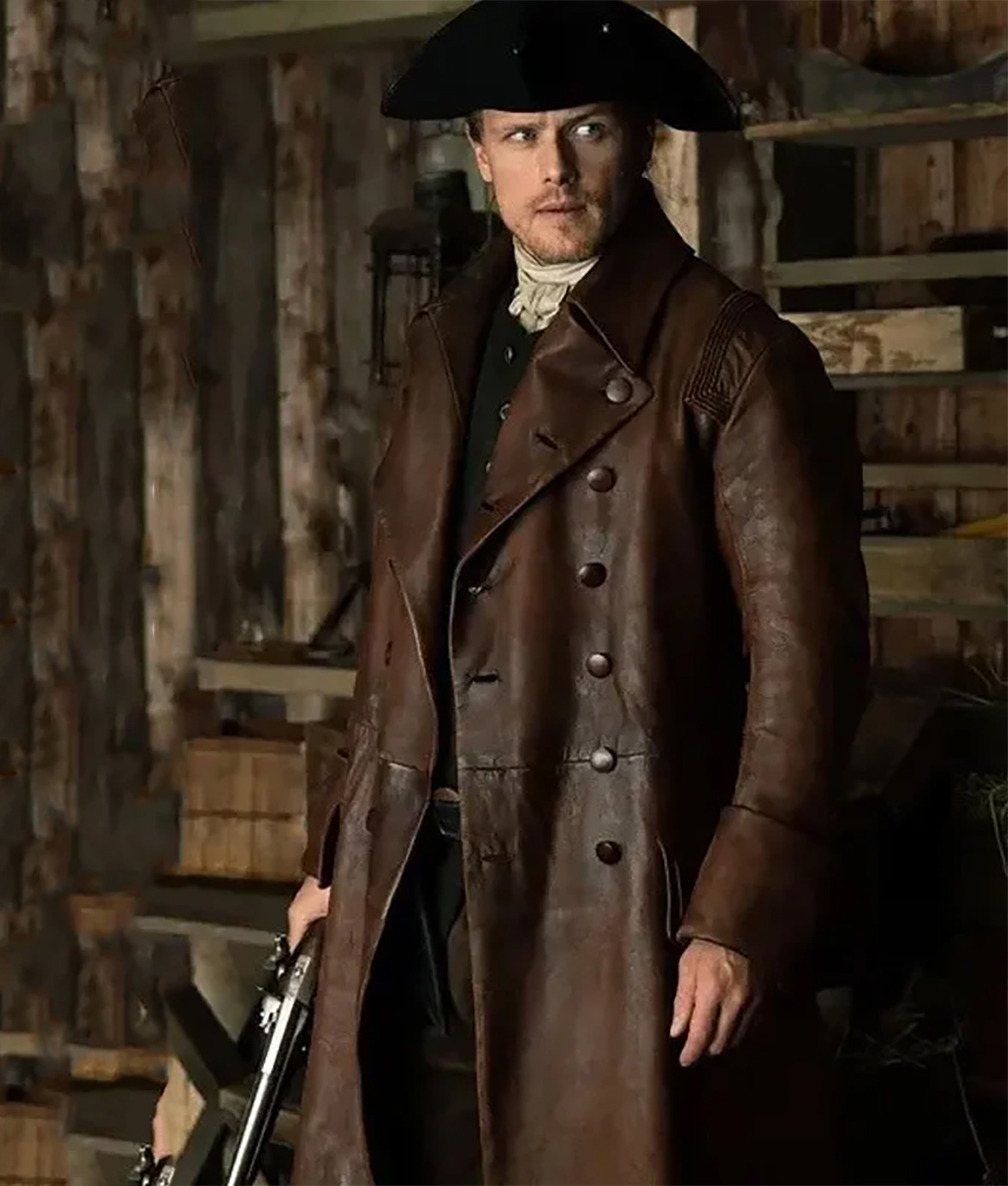 Sam Heughan Brown Leather Trench Coat 2
