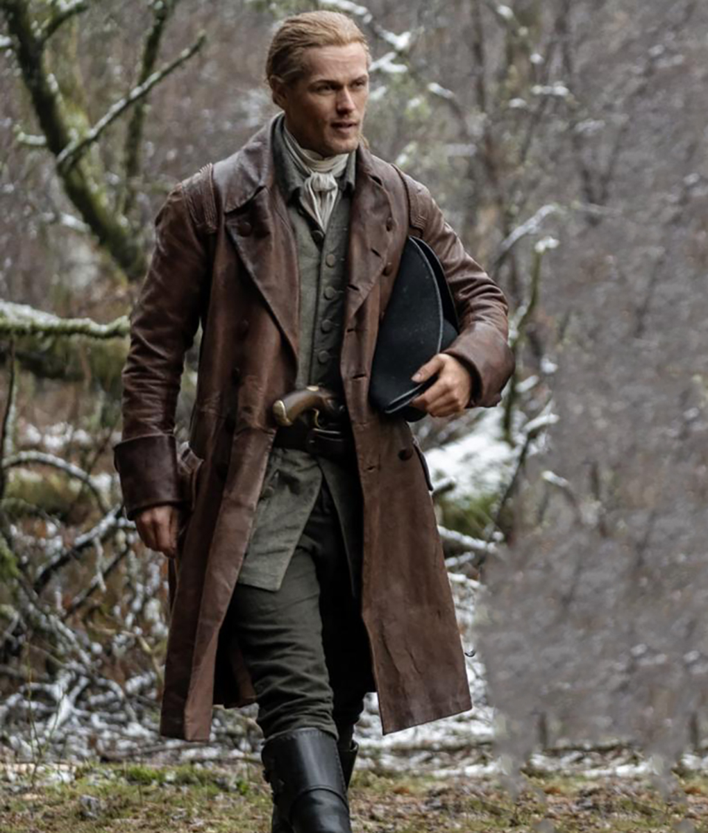 Sam Heughan Brown Leather Trench Coat 3