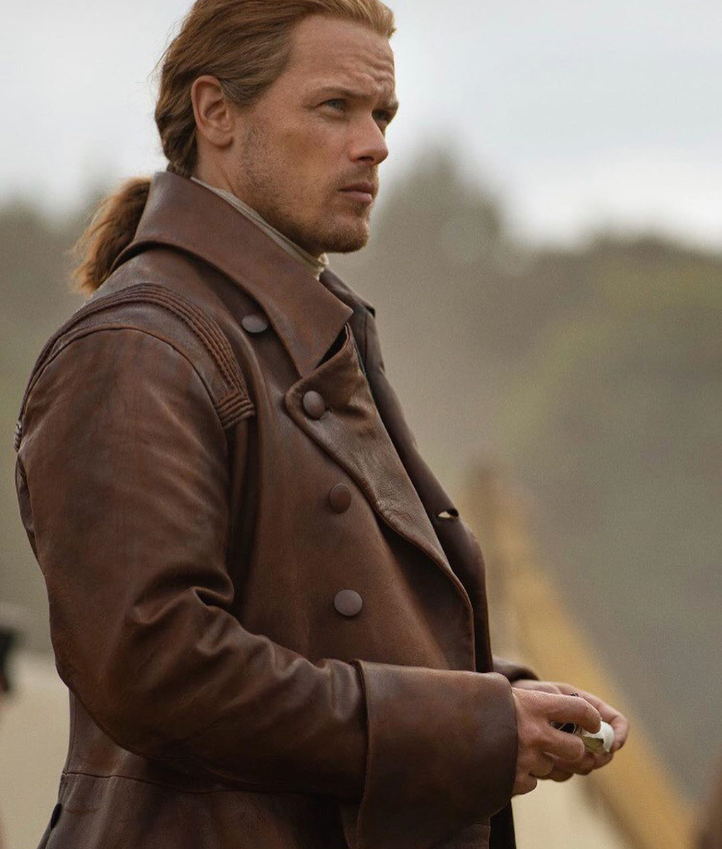 Sam Heughan Brown Leather Trench Coat 5