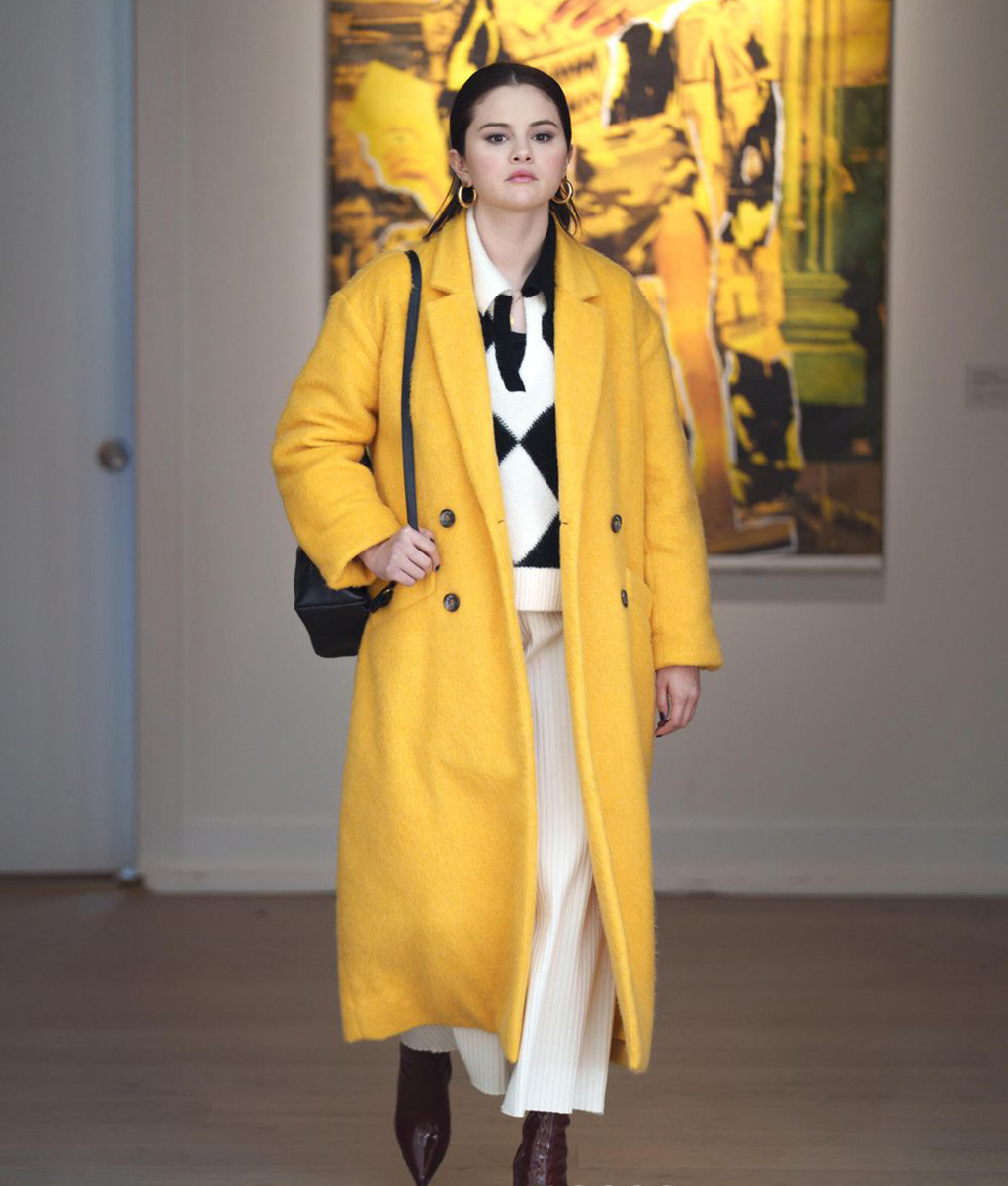 Selena Gomez Orange Shearling Fur Coat 3