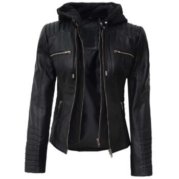 Women’s Black Bomber Leather Jacket with Removable Hood