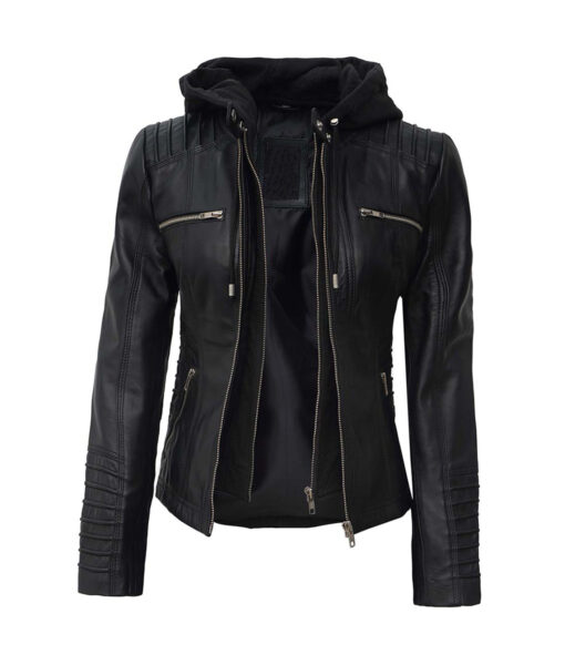Women’s Black Bomber Leather Jacket with Removable Hood