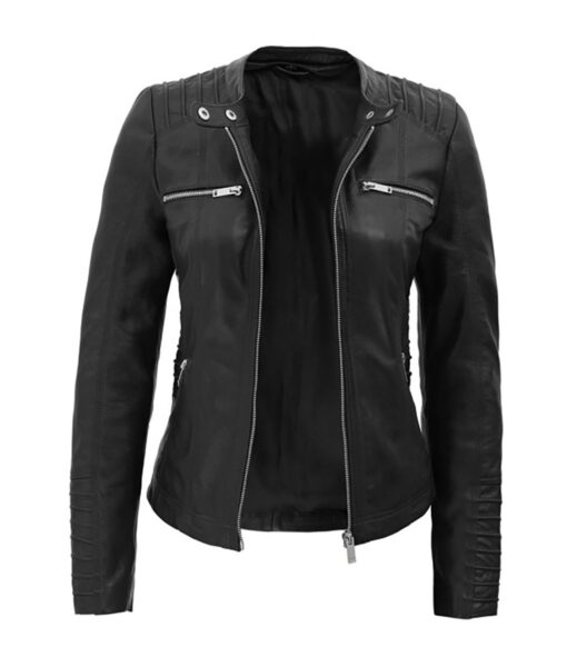 Women’s Bomber Leather Jacket with Removable Hood