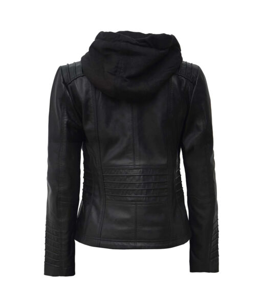 Women’s Black Leather Jacket with Removable Hood