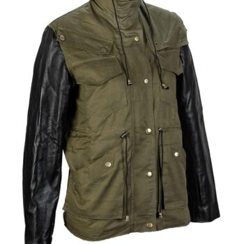 Womens Green Army Jacket with Black Leather Sleeves