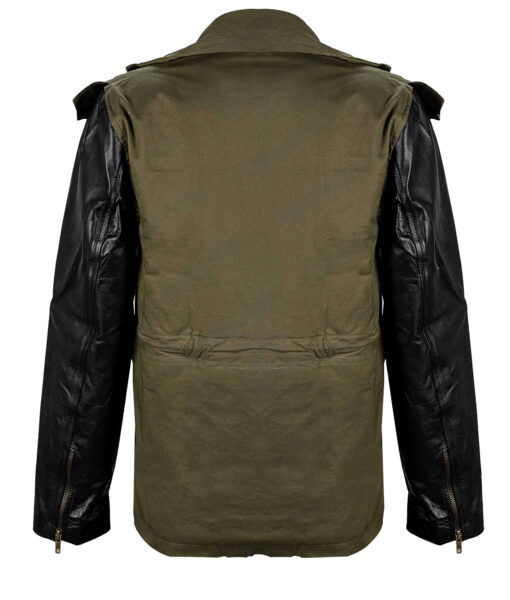 Green Army Jacket with Black Leather Sleeves