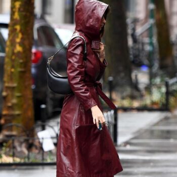 Emily Ratajkowski Burgundy Leather Hooded Coat-2