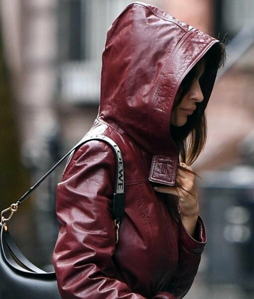 Emily Ratajkowski Burgundy Leather Hooded Coat-4