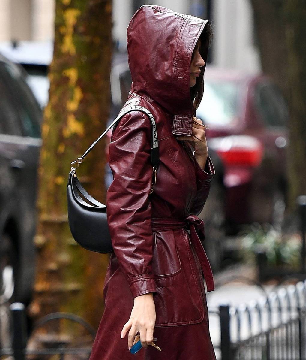 Emily Ratajkowski Burgundy Leather Coat (4)