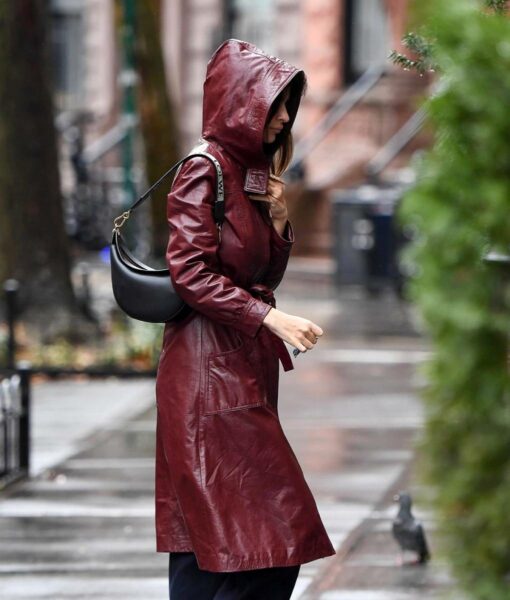 Emily Ratajkowski Burgundy Leather Hooded Coat-1