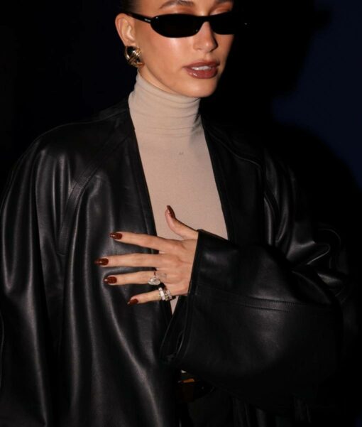Hailey Bieber Black Leather Trench Coat-4
