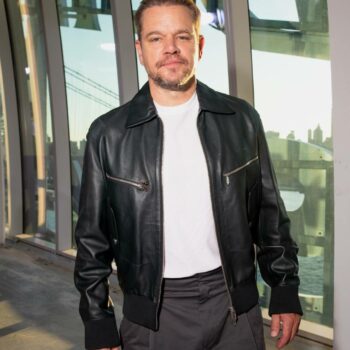 Hermes Fashion Show 2023 Matt Damon Black Leather Bomber Jacket