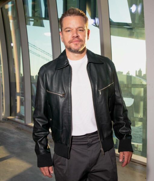 Hermes Fashion Show 2023 Matt Damon Black Leather Bomber Jacket