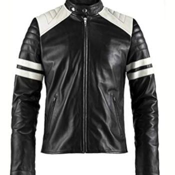 Men’s HJM009 White Striped Motorcycle Leather Jacket
