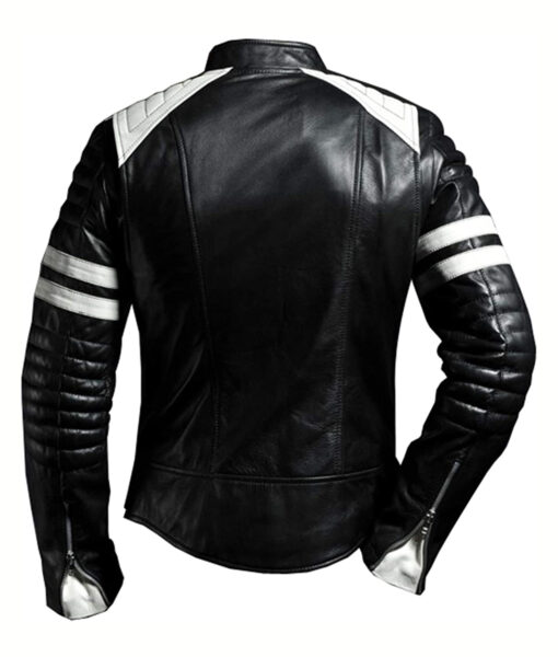 Men’s HJM009 White Striped Motorcycle Black Leather Jacket
