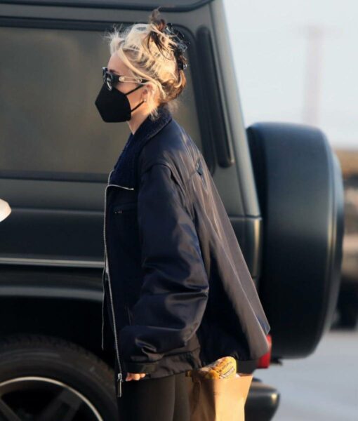 Miley Cyrus Black Leather Bomber Jacket-4
