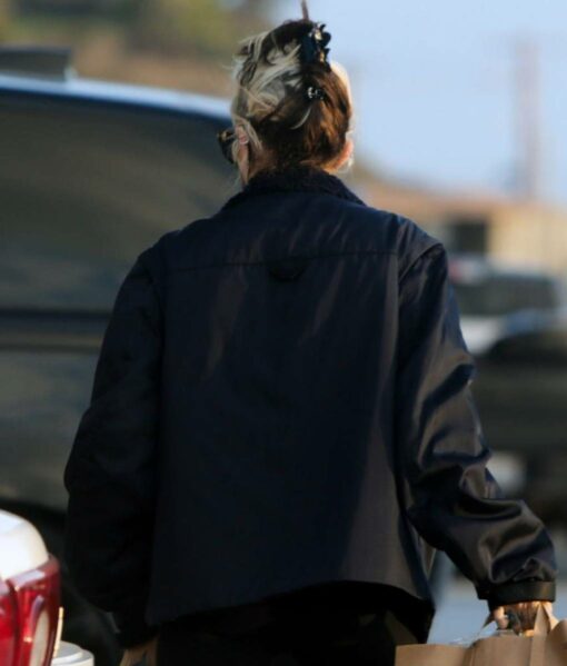 Miley Cyrus Black Leather Bomber Jacket-1