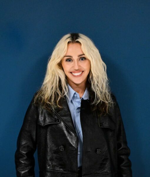 Miley Cyrus Black Leather Coat2