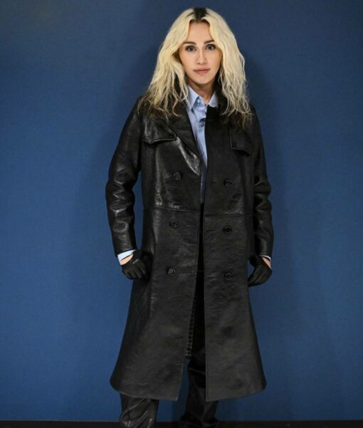 Miley Cyrus Black Leather Coat3