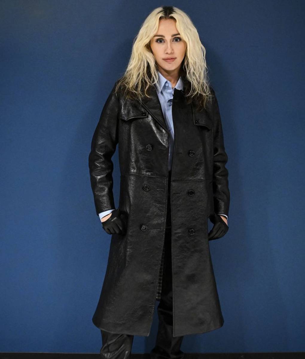 Miley Cyrus Black Leather Trench Coat (2)