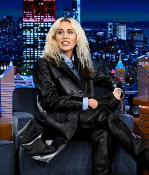 Miley Cyrus Black Leather Coat5