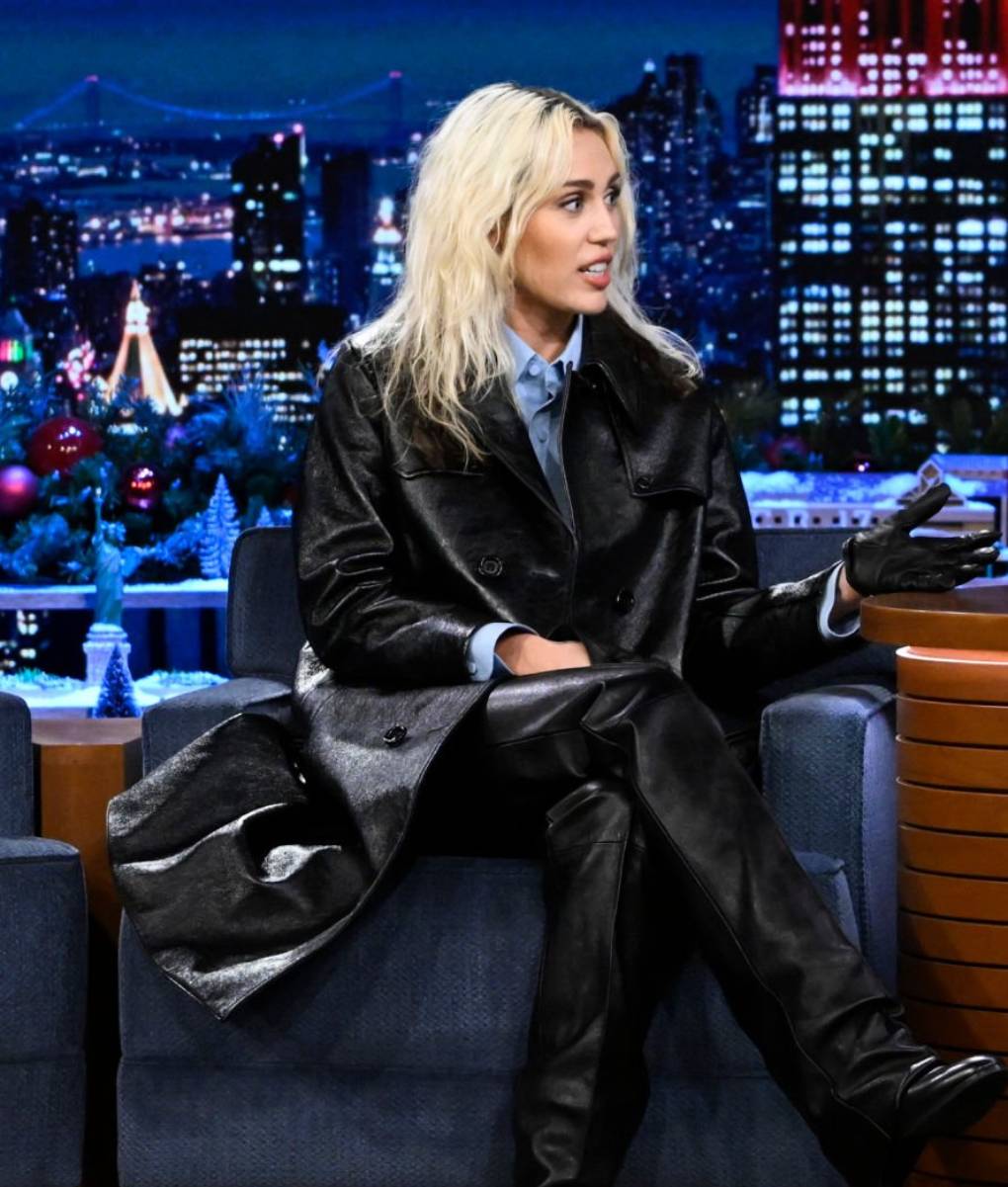 Miley Cyrus Black Leather Trench Coat (5)