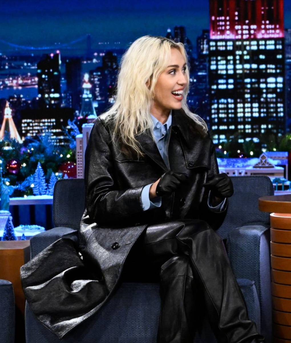 Miley Cyrus Black Leather Trench Coat 7
