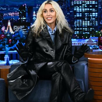 Miley Cyrus Black Leather Coat1