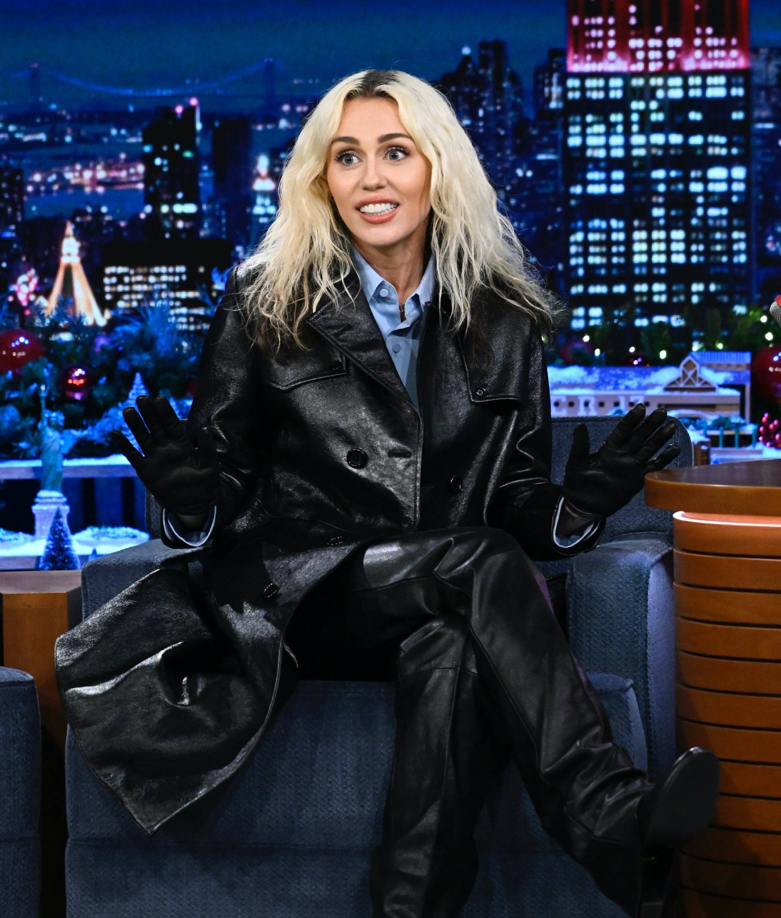 Miley Cyrus Black Leather Trench Coat 8