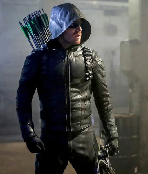 Stephen Amell The Arrow Oliver Queen Green Leather Hooded Jacket