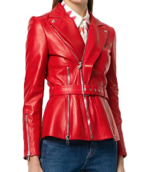 Women’s HJ548 Belted Blazer Style Motorcycle Red Jacket