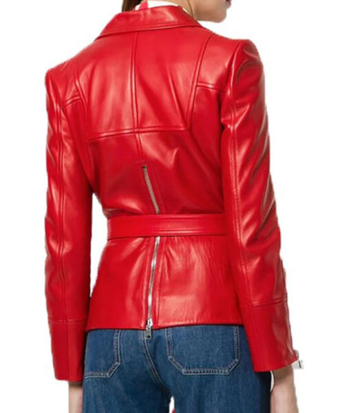 Women’s Belted Blazer Style Motorcycle Red Leather Jacket