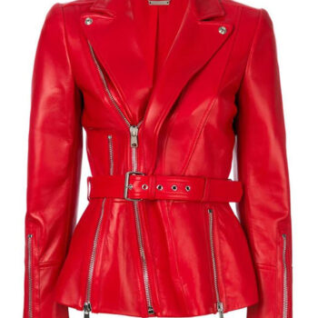 Women’s HJ548 Belted Blazer Style Motorcycle Red Leather Jacket